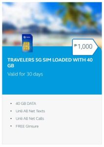 globe travelers 5g simcard loaded with 40 gb 1000 pesos